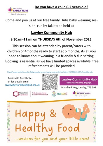 Free baby weaning session - Lawley Community Hub 06.11.25 09:30-11am